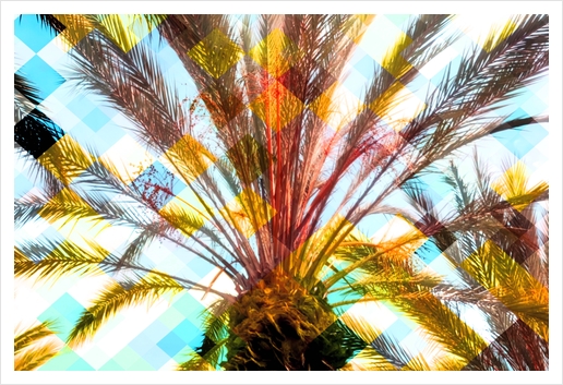 palm tree with geometric pixel square pattern abstract in yellow blue Art Print by Timmy333