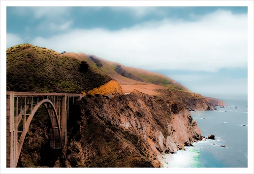 bridge with green mountain and ocean view at Bixby Bridge, Big Sur, California, USA Art Print by Timmy333