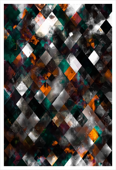 geometric pixel square pattern abstract art in orange green black Art Print by Timmy333