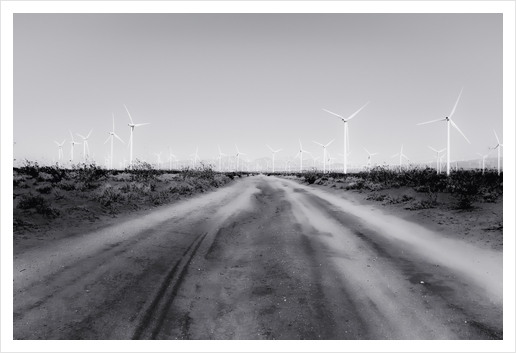 road in the desert with wind turbine in black and white Art Print by Timmy333