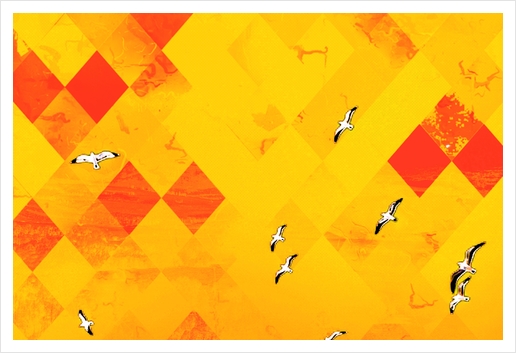 flying birds with red and yellow geometric pixel pattern background Art Print by Timmy333