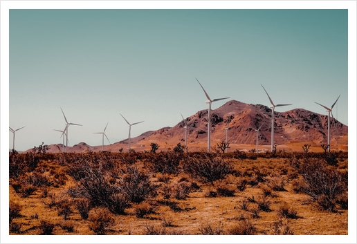 Wind turbine in the desert with mountain view at Kern County California USA Art Print by Timmy333