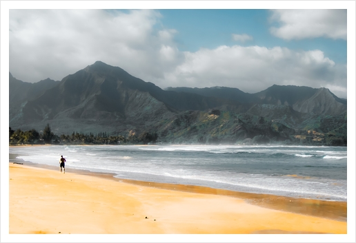 jogging at the beach with green mountain scenic Kauai Hawaii USA Art Print by Timmy333