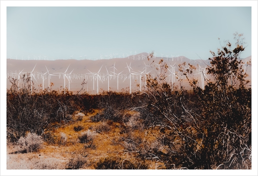 Desert and wind turbine with mountain background at Kern County California USA Art Print by Timmy333