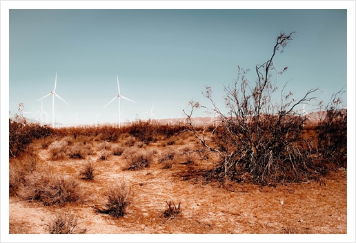 Desert and wind turbine with blue sky at Kern County California USA Art Print by Timmy333