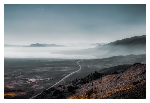 mountains layer with foggy blue sky in California USA Art Print by Timmy333