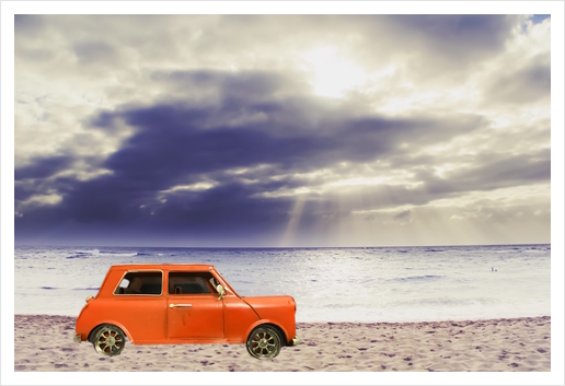 orange classic car on the sandy beach with beautiful sky and beach background Art Print by Timmy333