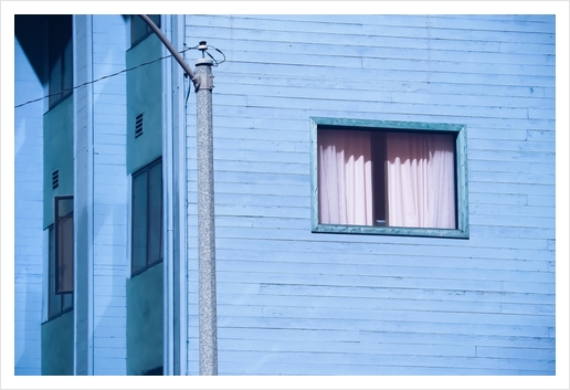 vintage blue wood building with window and electric pole Art Print by Timmy333