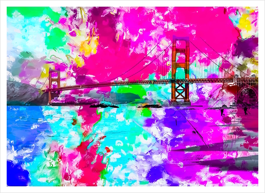 Golden Gate bridge, San Francisco, USA with pink blue green purple painting abstract background Art Print by Timmy333