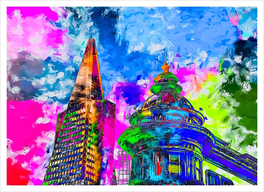 pyramid building and classic building exterior at San Francisco, USA with colorful painting abstract background Art Print by Timmy333