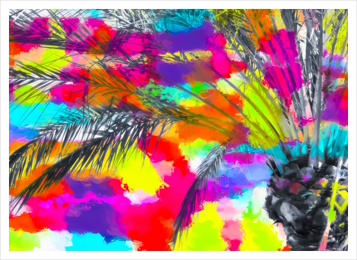 palm tree with splash painting abstract background in red pink yellow blue Art Print by Timmy333