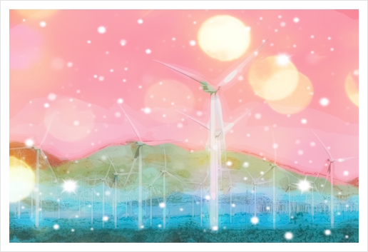 wind turbine in the desert with snow and bokeh light background Art Print by Timmy333