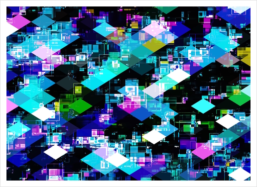 psychedelic geometric square pixel pattern abstract in blue yellow pink Art Print by Timmy333