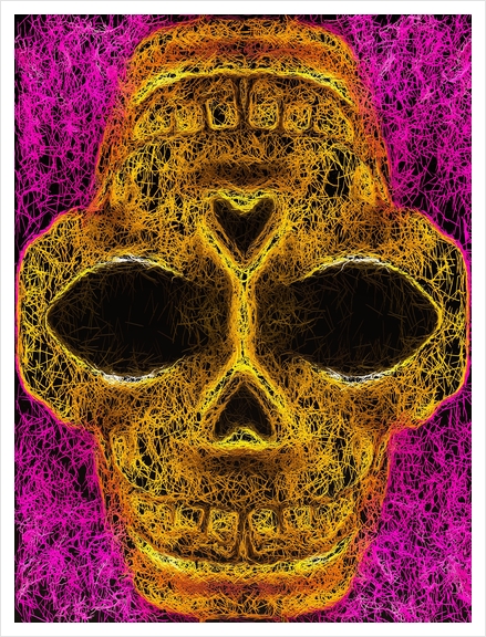 psychedelic geometric painting golden skull head portrait with pink background Art Print by Timmy333