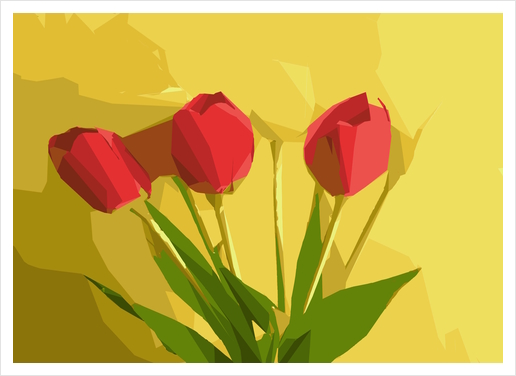 red flowers with green leaves and yellow background Art Print by Timmy333