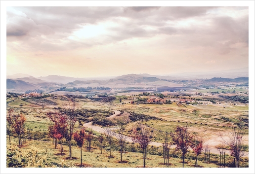 countryside view with sunset sky and green field with mountain view Art Print by Timmy333