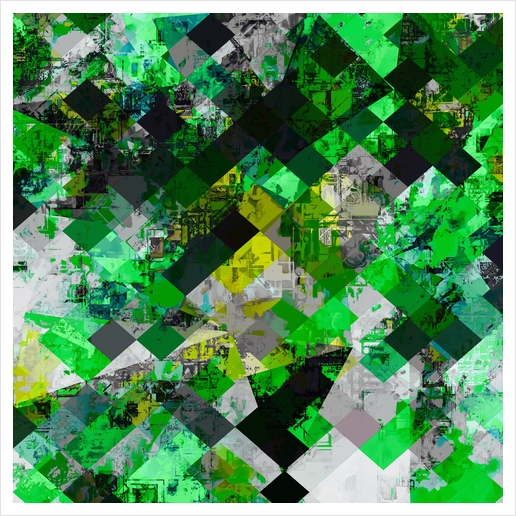 vintage psychedelic geometric square pixel pattern abstract in green and yellow Art Print by Timmy333