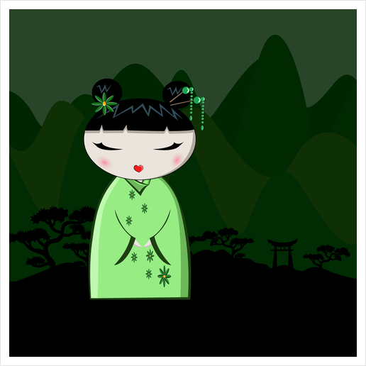 Green Kokeshi Art Print by PIEL Design