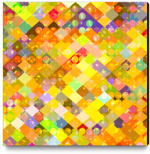 geometric square pixel and circle pattern abstract in yellow orange red blue Canvas Print by Timmy333