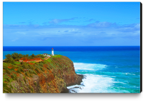 lighthouse on the green mountain with blue ocean and blue sky view at Kauai, Hawaii, USA Canvas Print by Timmy333