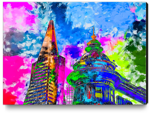 pyramid building and classic building exterior at San Francisco, USA with colorful painting abstract background Canvas Print by Timmy333