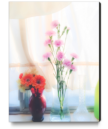 pink flower and orange flower in the vase with curtain background Canvas Print by Timmy333