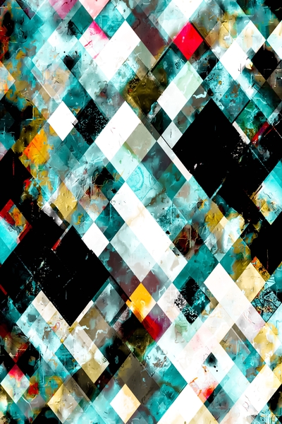 geometric pixel square pattern abstract art in blue brown yellow red by Timmy333