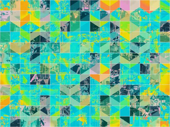 geometric square pixel pattern abstract background in green blue yellow by Timmy333