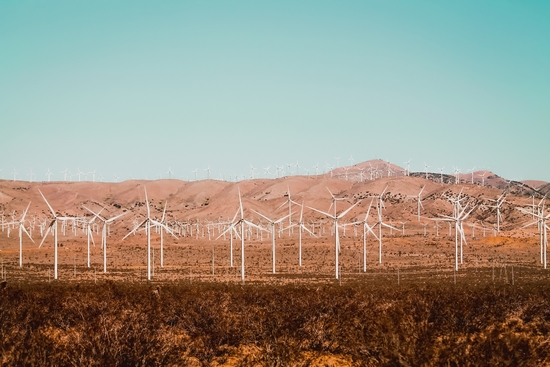 Wind turbine farm with blue sky in the desert at Kern County California USA by Timmy333