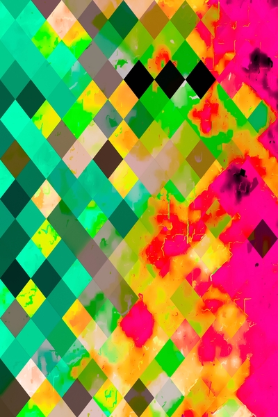 geometric pixel square pattern abstract art in green pink yellow by Timmy333