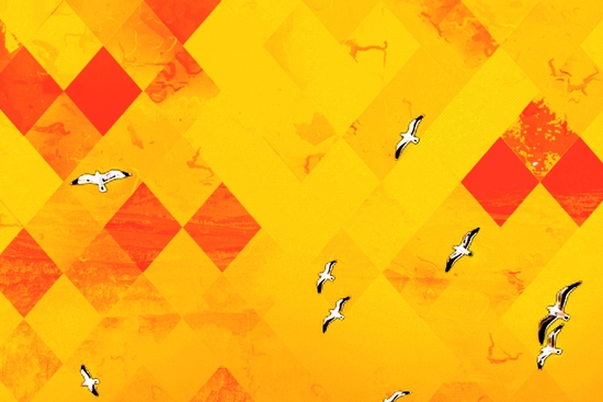 flying birds with red and yellow geometric pixel pattern background by Timmy333