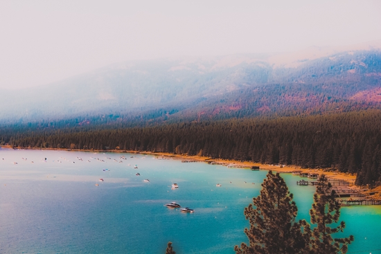 At Lake Tahoe Nevada USA with boat on the water and mountain view by Timmy333