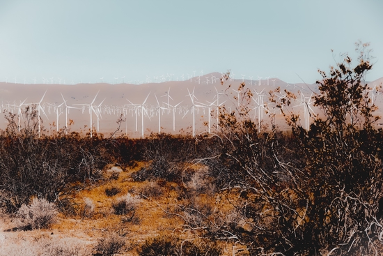 Desert and wind turbine with mountain background at Kern County California USA by Timmy333