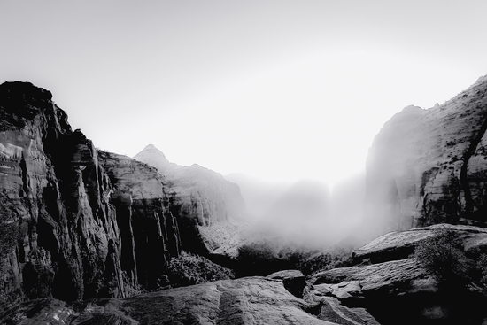 Mountain with sunlight at Zion national park Utah USA in black and white by Timmy333