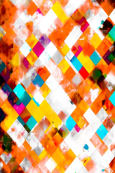 geometric pixel square pattern abstract art in orange yellow blue by Timmy333