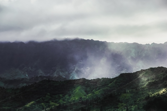 green tropical mountains with foggy sky at Kauai, Hawaii, USA by Timmy333