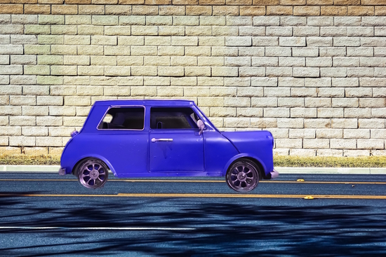 blue classic car on the road with brick wall background by Timmy333