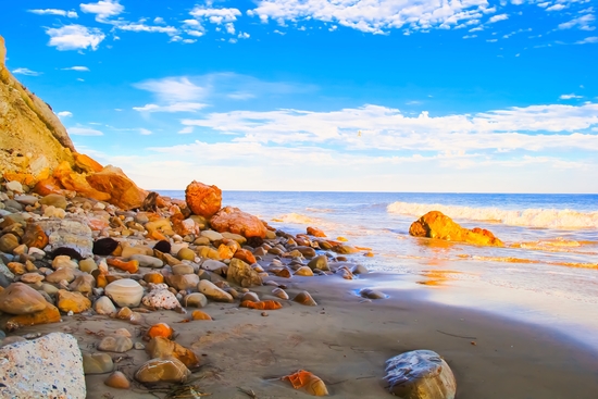 sandy beach with blue cloudy sky in summer by Timmy333