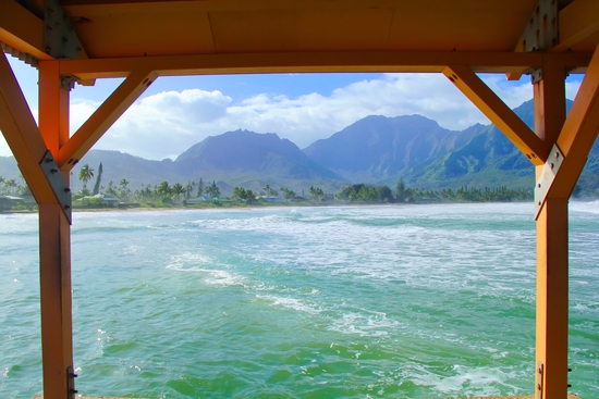 ocean view with mountain and blue cloudy sky background at Kauai, Hawaii, USA by Timmy333