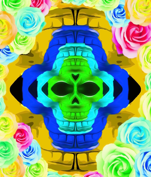 funny skull portrait with colorful roses in pink blue yellow green by Timmy333