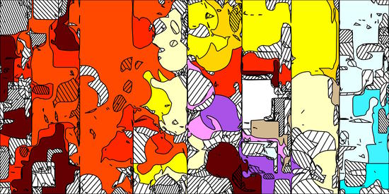 geometric drawing and painting abstract in orange red yellow purple brown and blue by Timmy333