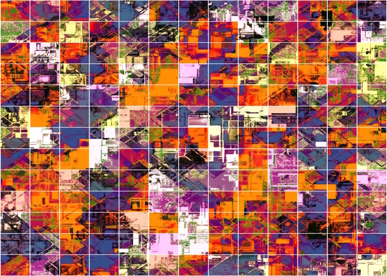 psychedelic geometric square pattern painting abstract background in orange blue pink red by Timmy333