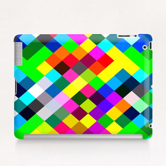 geometric square pixel pattern abstract in blue yellow pink green red Tablet Case by Timmy333