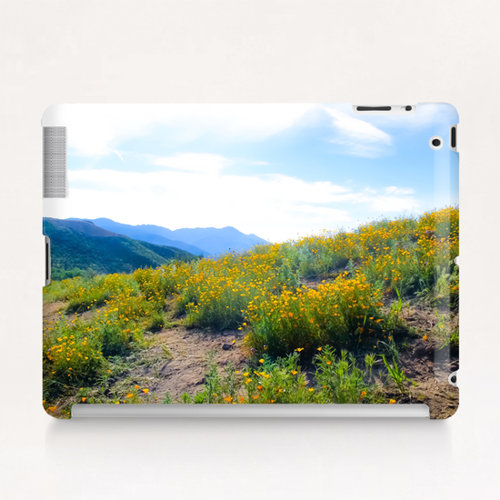 yellow poppy flower field with green leaf and blue cloudy sky in summer Tablet Case by Timmy333