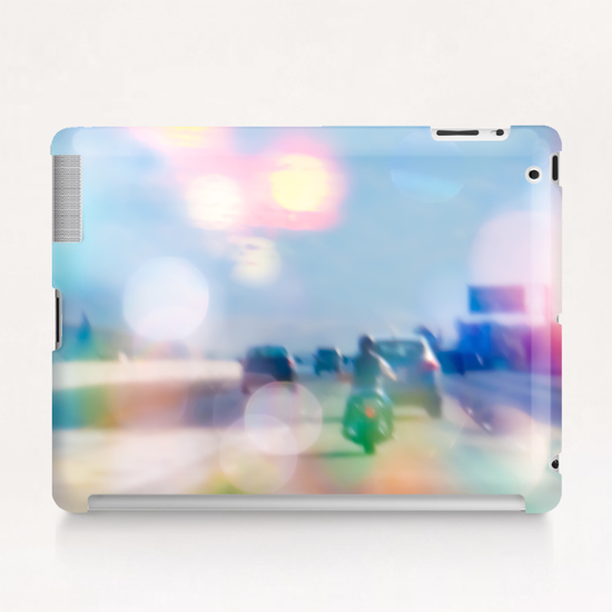 car and motorcycle on the road in the city with bokeh light Tablet Case by Timmy333