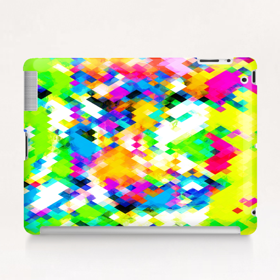 psychedelic geometric pixel abstract pattern in yellow blue green pink Tablet Case by Timmy333