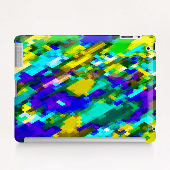 psychedelic geometric square pixel pattern abstract in green yellow blue purple Tablet Case by Timmy333