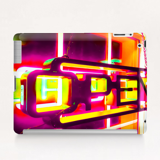 night light with open neon sign in pink yellow green background Tablet Case by Timmy333