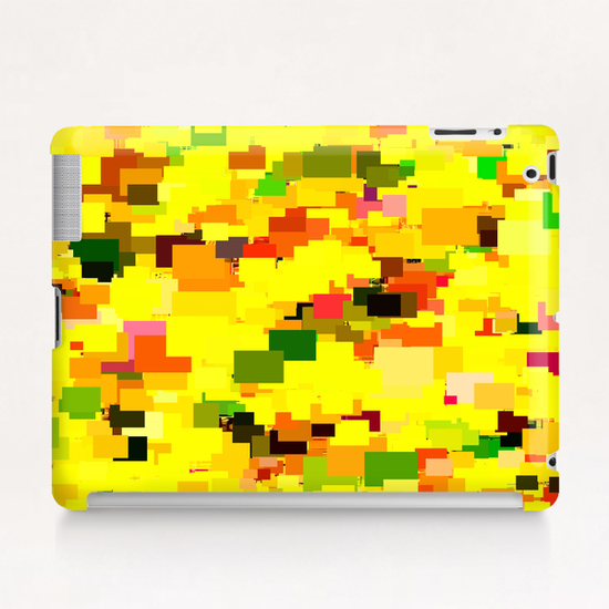 geometric square pattern pixel abstract background in yellow orange green red Tablet Case by Timmy333