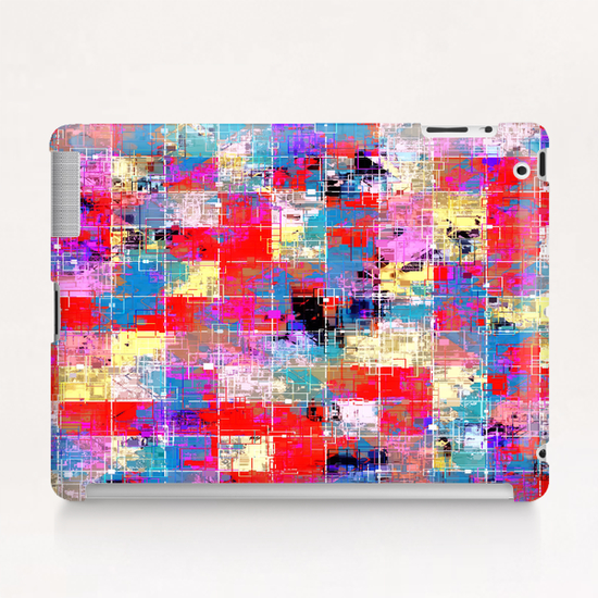 psychedelic geometric square pixel pattern abstract background in red pink blue yellow Tablet Case by Timmy333